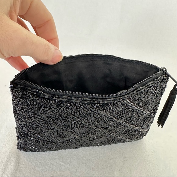 Beaded Fancy Sparkly Tiny Black Prom Evening Formal Clutch Zipper Pouch Bag - Picture 3 of 5